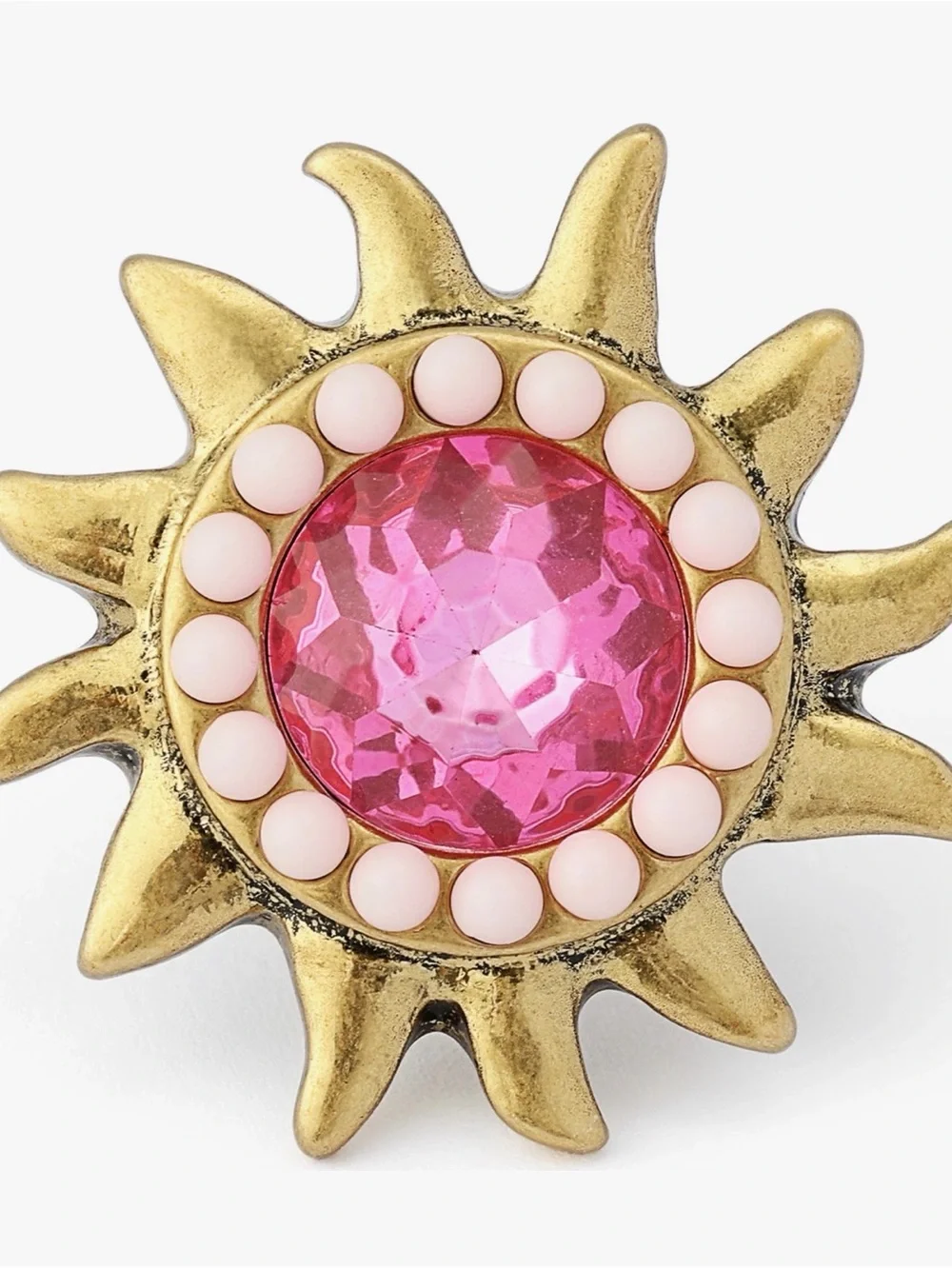 Kurt Geiger Gold Sunburst Cocktail Ring with Pink Stone Sz 9